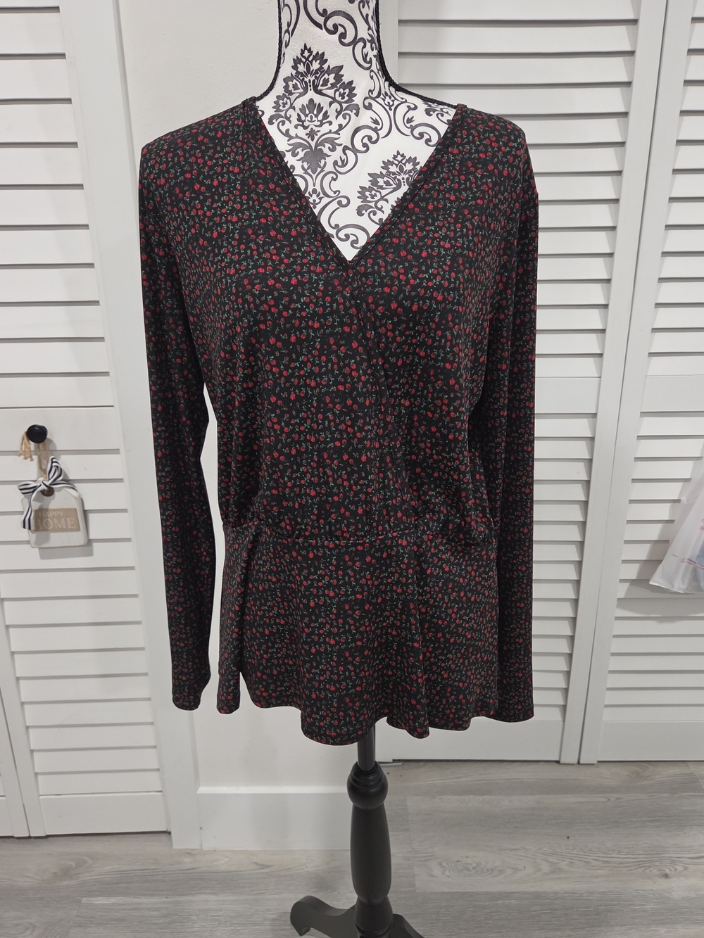 Michael Kors Peplum Style Black Floral V-Neck Long Sleeve
